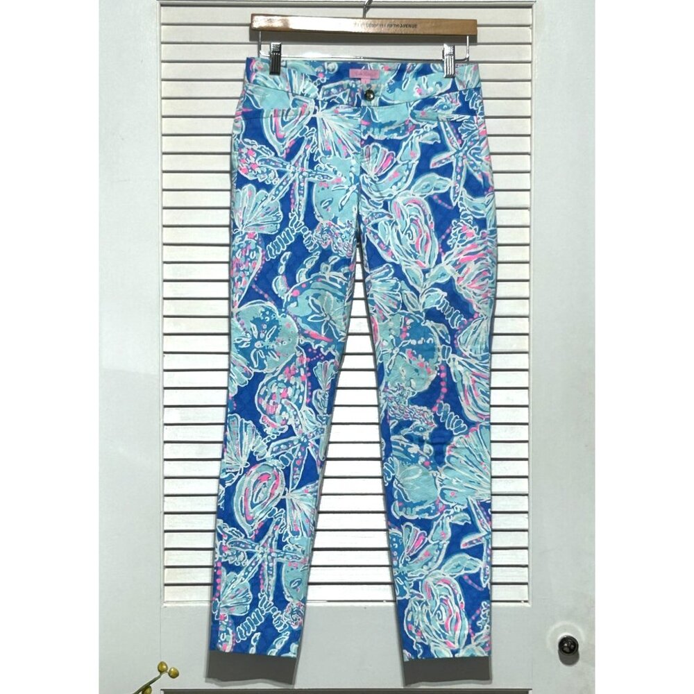 Lilly Pulitzer Women's Bay Blue Into the Deep Kelly Skinny Ankle Pants Sz 0 3087